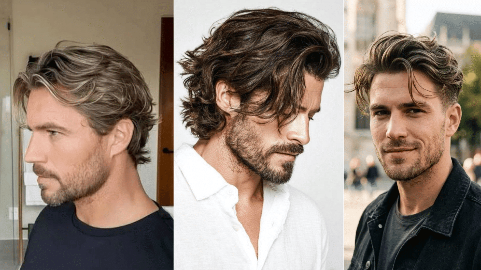 three men showing different flow haircut styles with medium length hair and natural texture looks