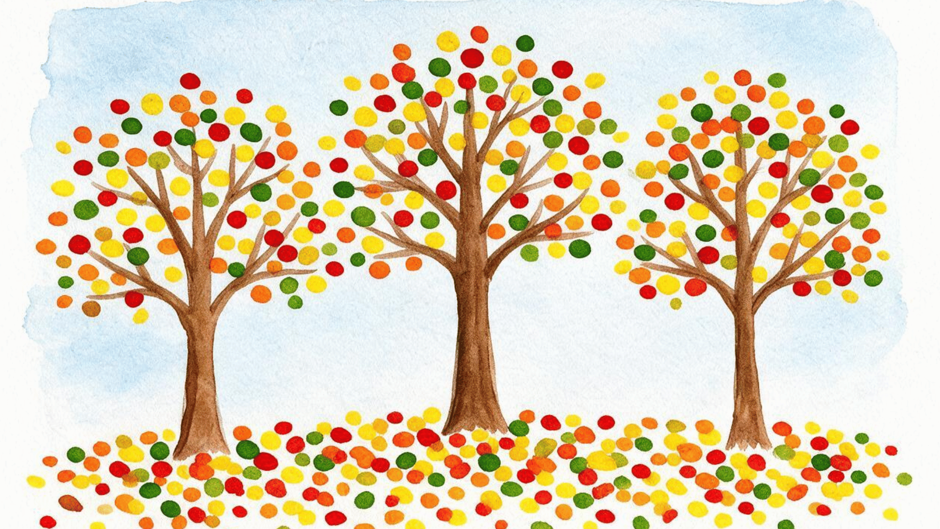 watercolor painting of three trees with colorful dotted leaves in yellow, orange, red, and green on blue