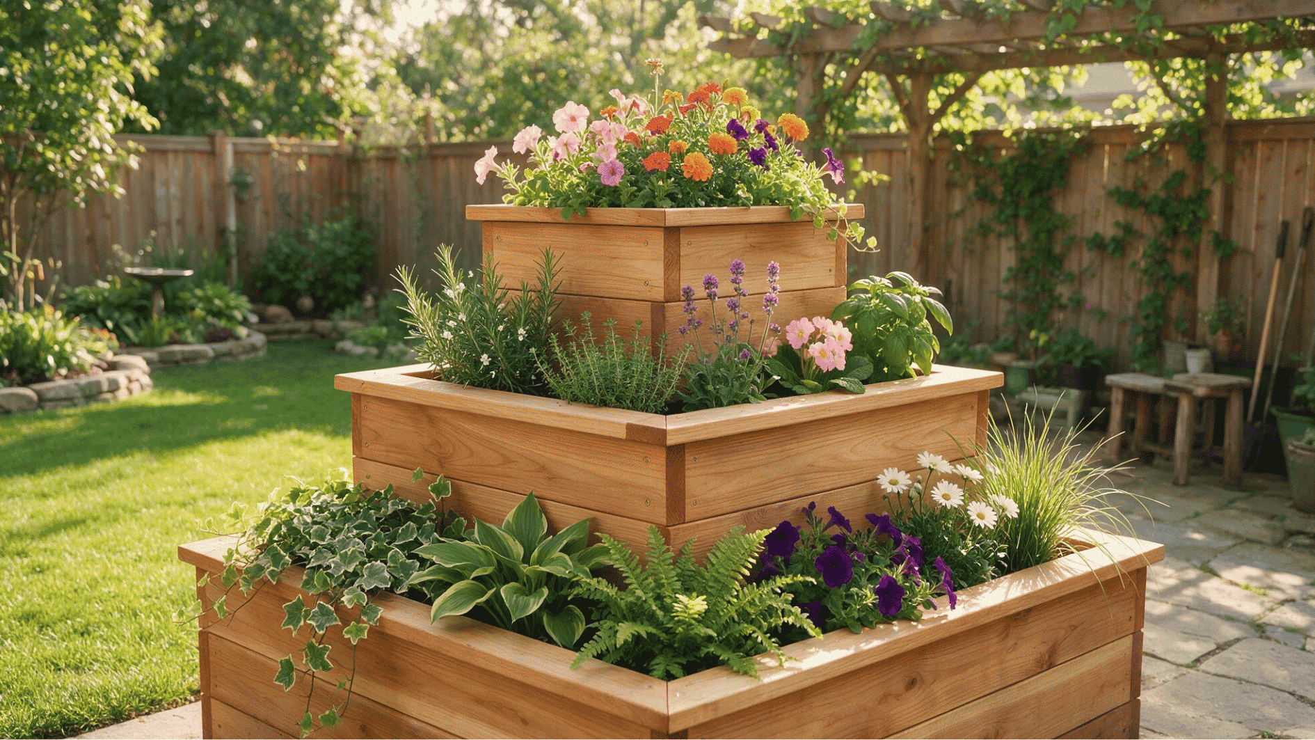 tiered wooden planter box with flowers and herbs in garden space