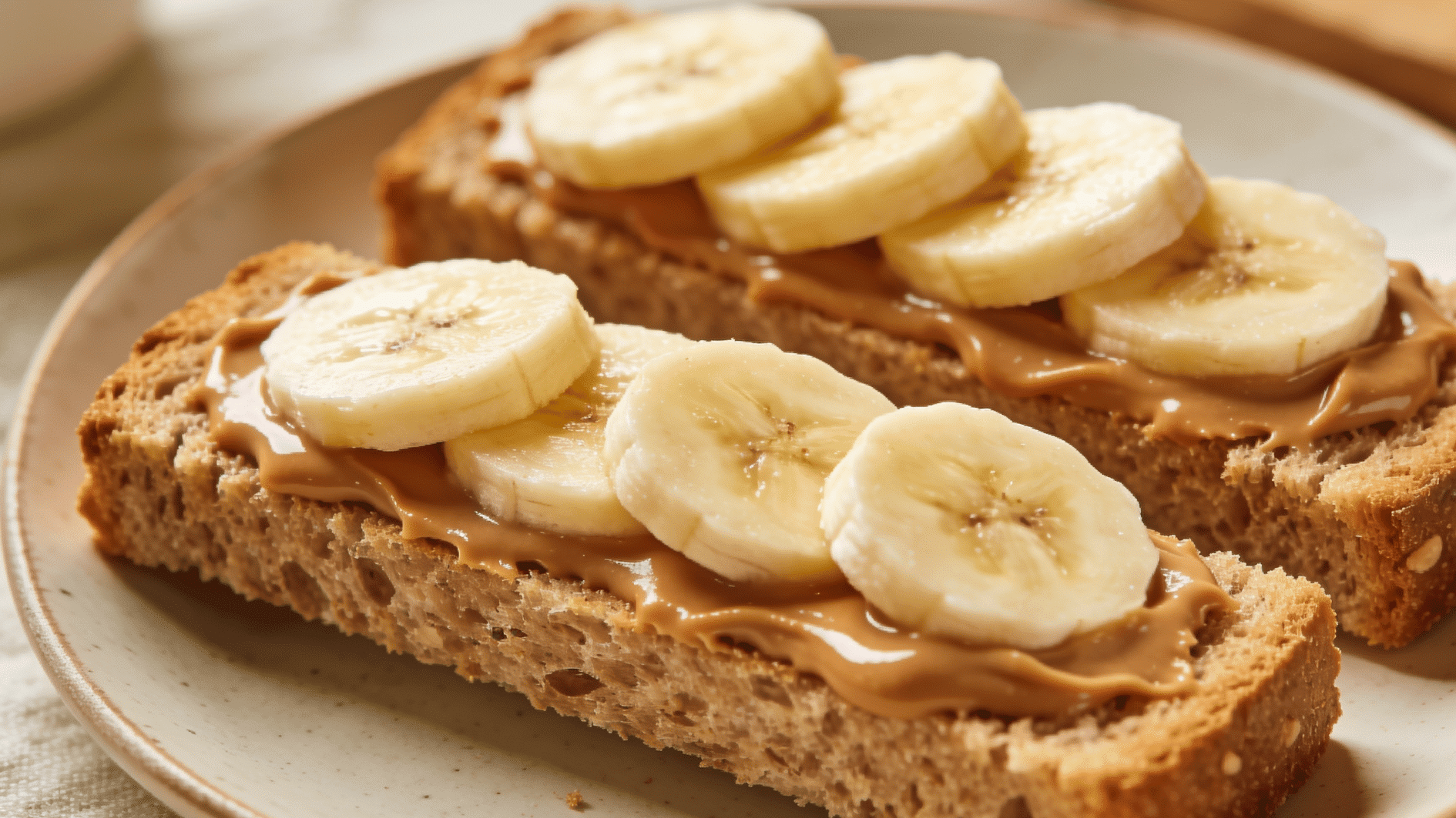 toast cut into finger strips with a thin even layer of smooth nut butter and thin banana slices,