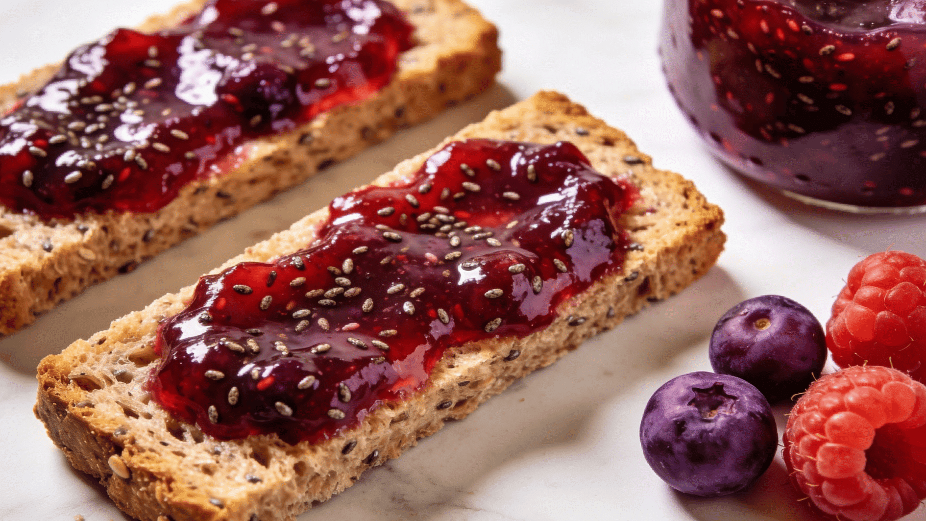 toast strips spread with thick homemade berry chia jam