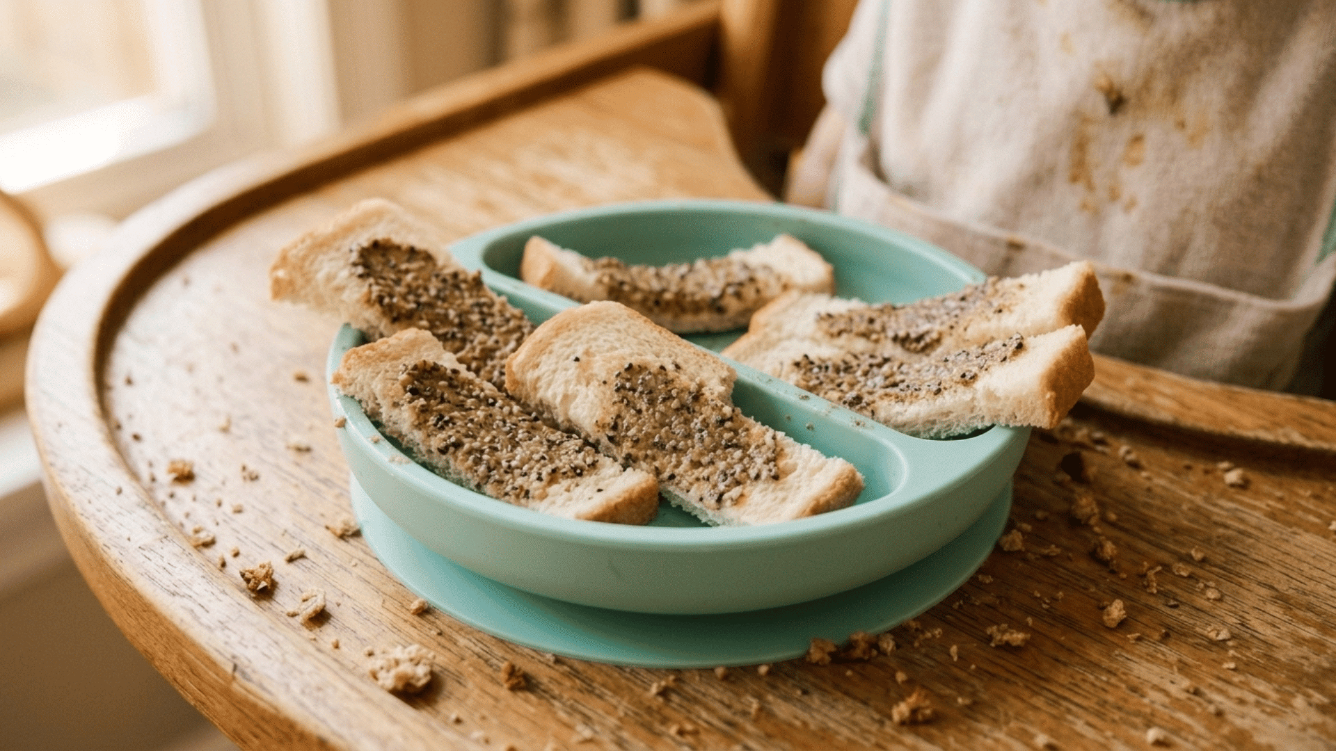 whole wheat toast strips with sunflower seed butter on a suction plate