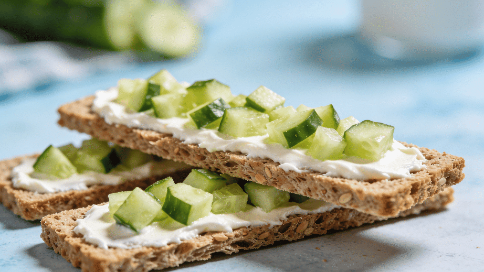 _toast strips with a thin cream cheese layer and finely diced cucumber