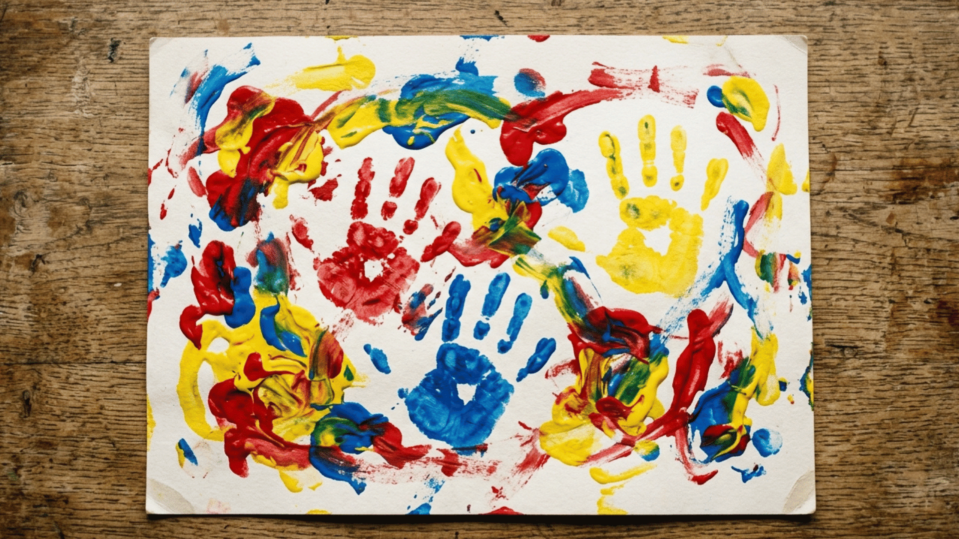 finished finger painting artwork with colorful handprint smudges