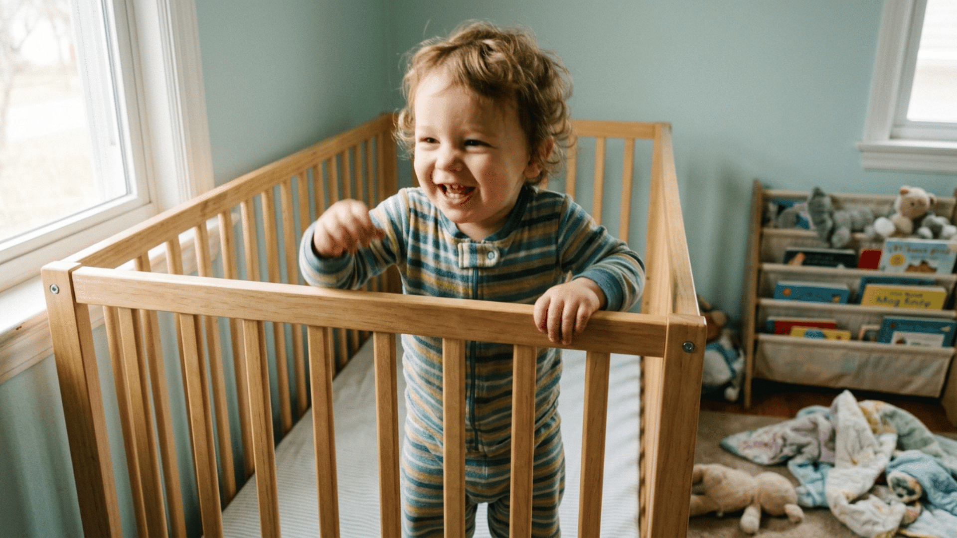 happy toddler standing confidently in a crib showing signs of readiness to transition to a pillow