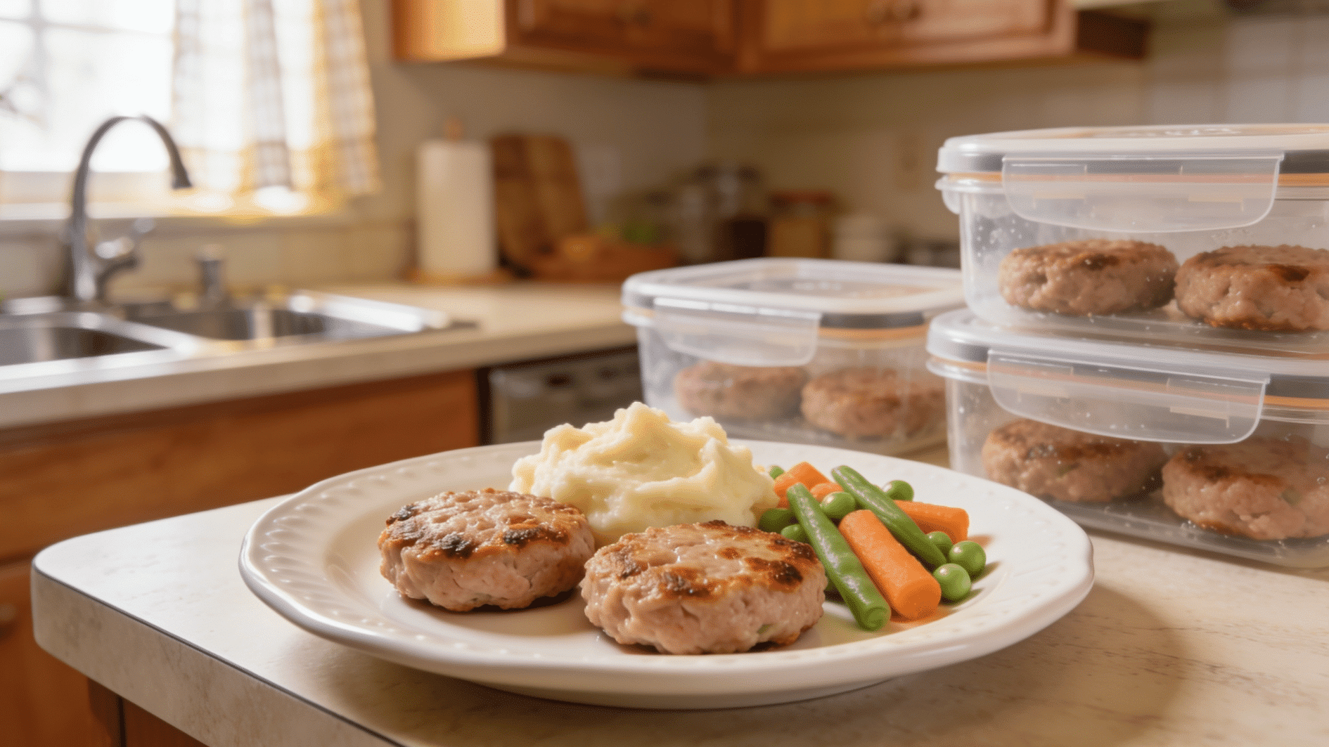 toddler-sized turkey burger patties with mashed potatoes and soft steamed vegetables, a few patties stored in freezer-safe containers, clean family kitchen