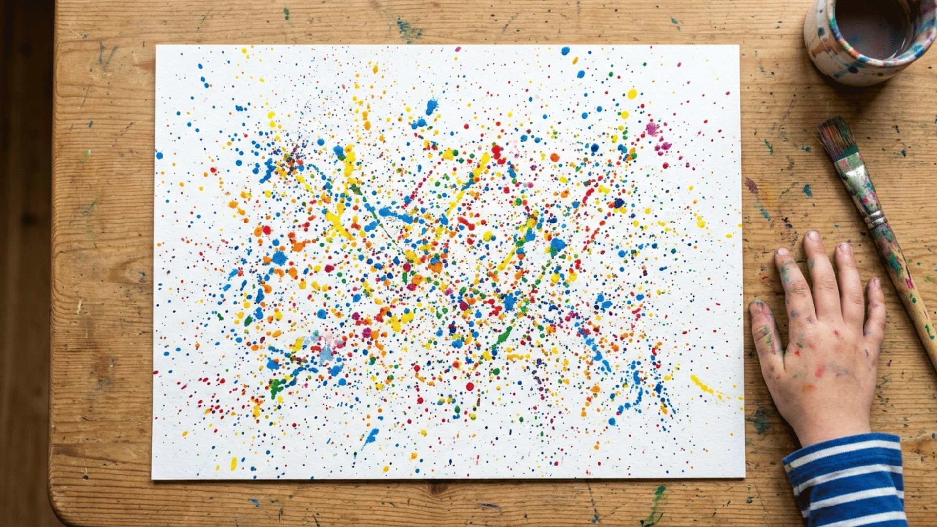 school age splatter painting with fine colorful paint speckles