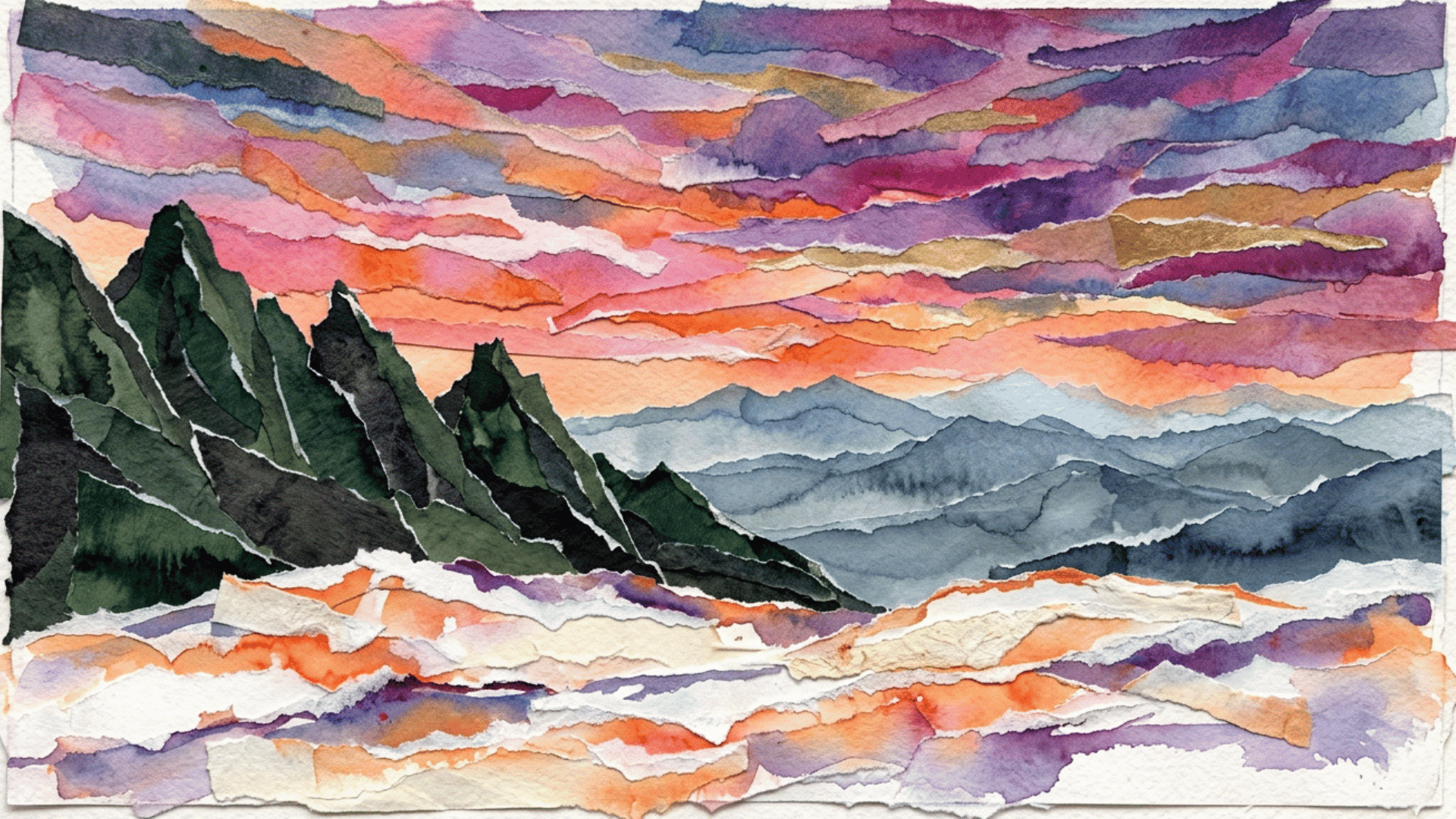 vibrant watercolor landscape of dramatic layered mountains under a colorful sunset sky with streaked clouds in pink, orange, purple and blue tones