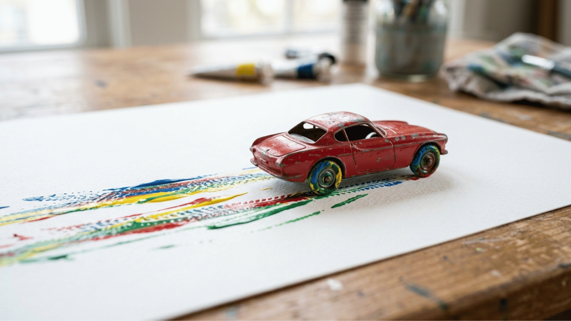 toddler painting with overlapping messy toy car tire tracks