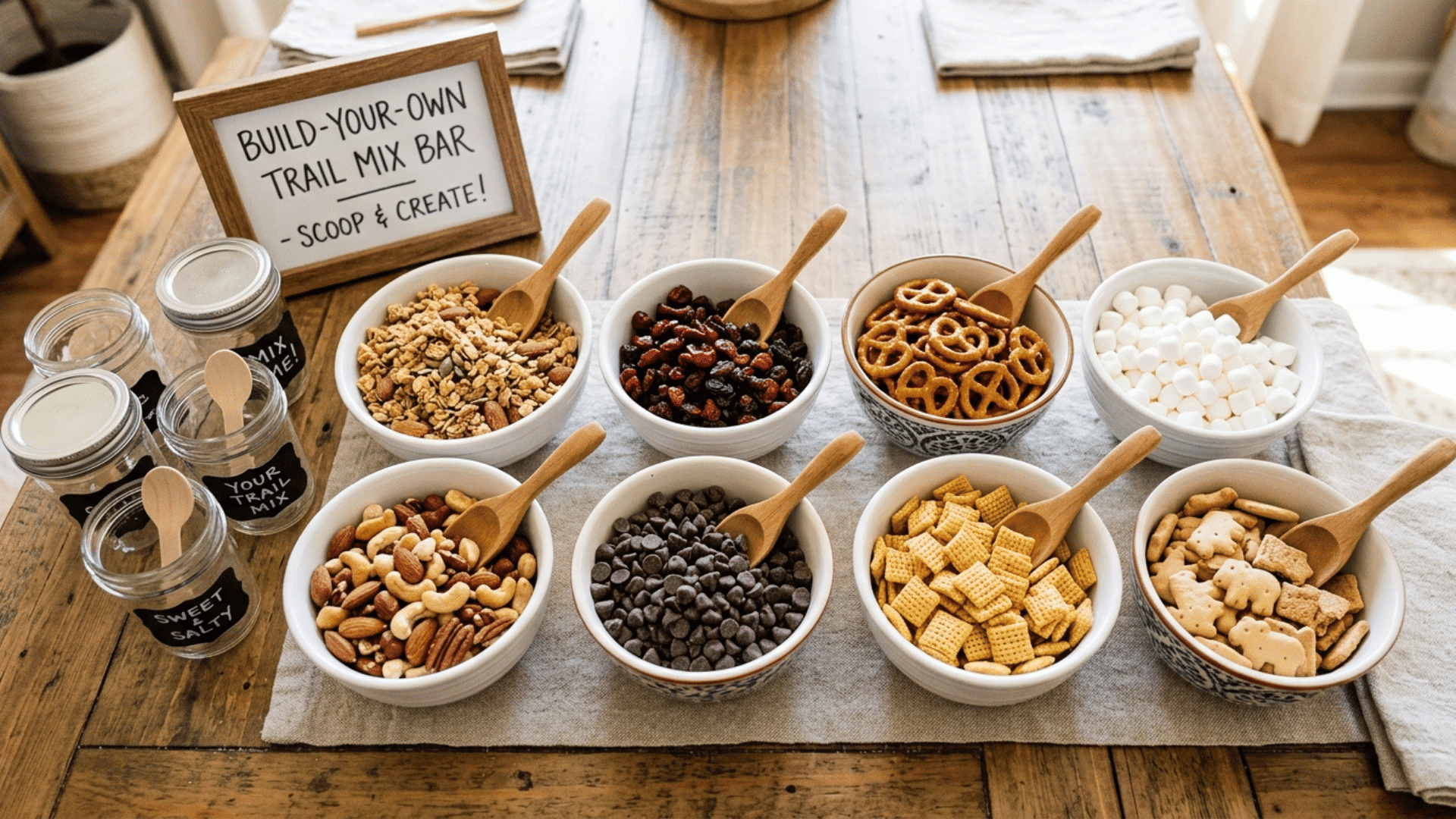 build your own trail mix bar with cereal, fruit, and pretzels