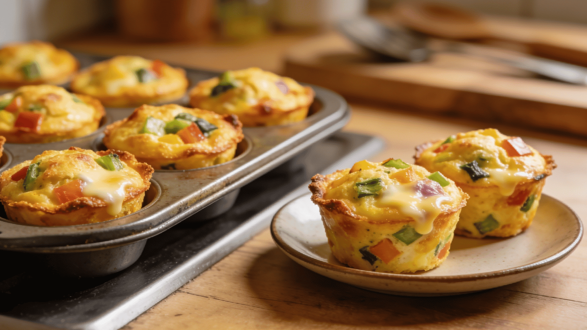 tray of golden mini frittata muffins flecked with vegetables and cheese