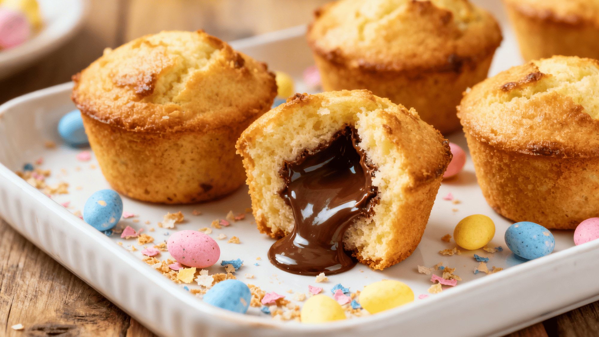 tray of Mini Egg Muffins, golden-brown tops, halved showing gooey chocolate center, sprinkled crushed mini eggs