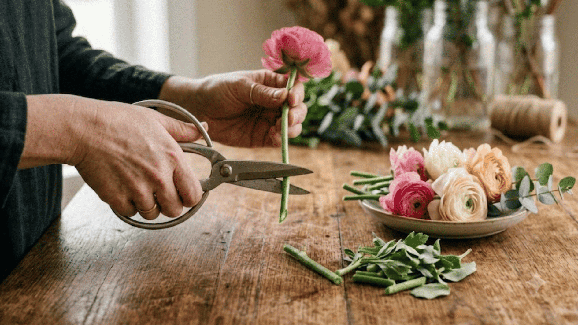 trimmed flower stems prepped for making a diy flower crown