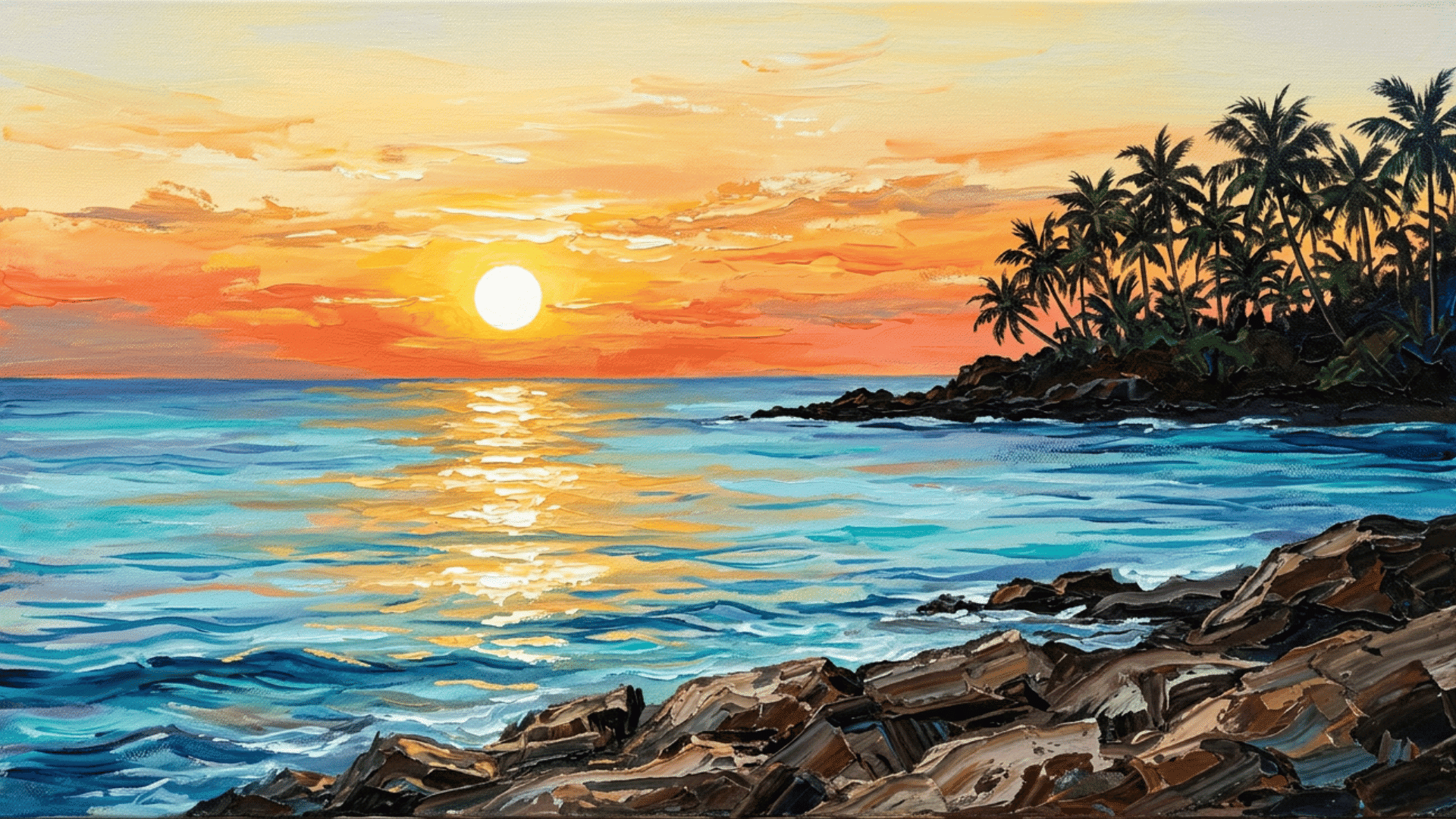 beautiful sunset painting with warm orange and pink reflections across calm water on a simple landscape canvas