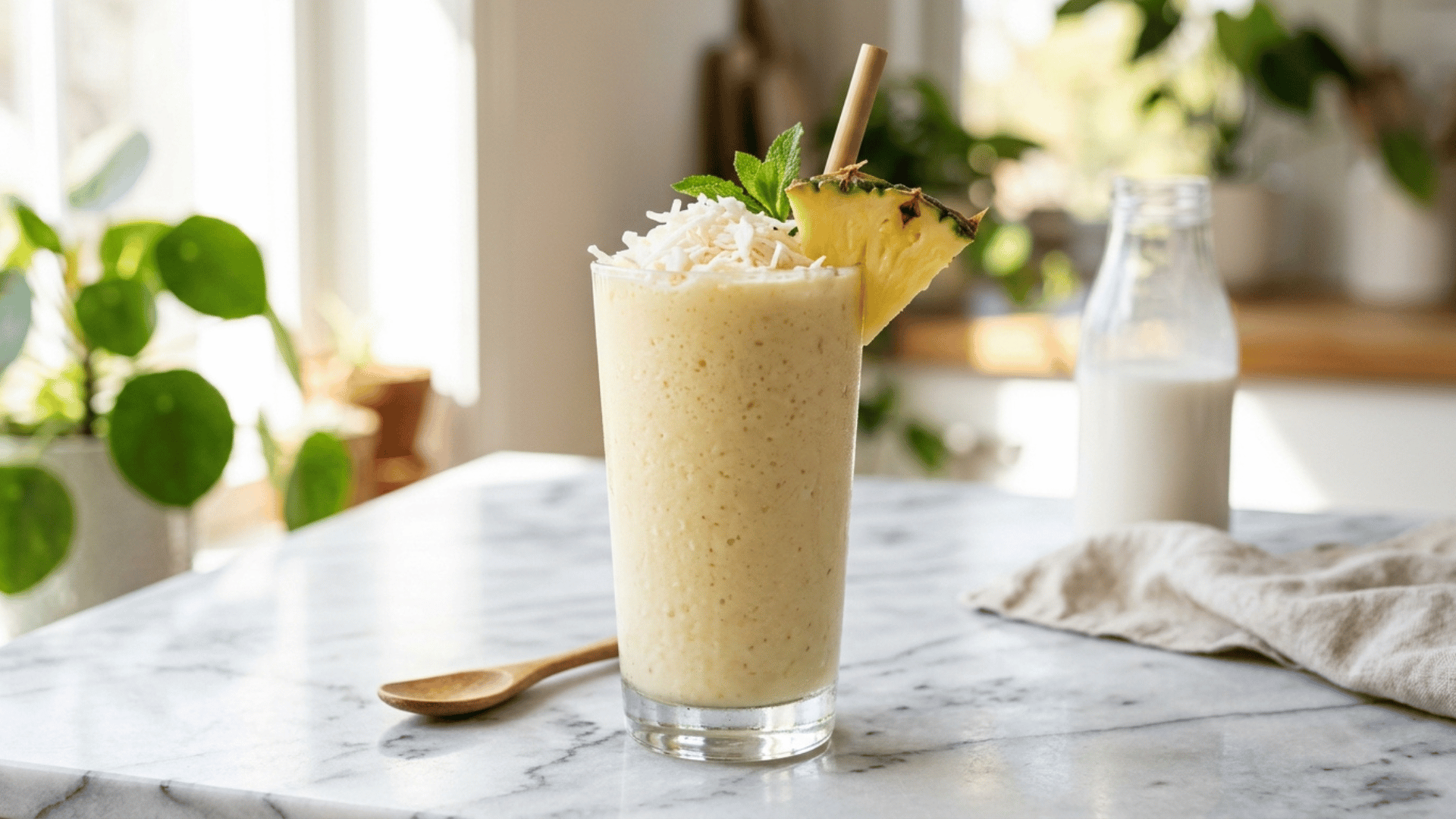 tropical pineapple coconut smoothie in a glass with pineapple wedge