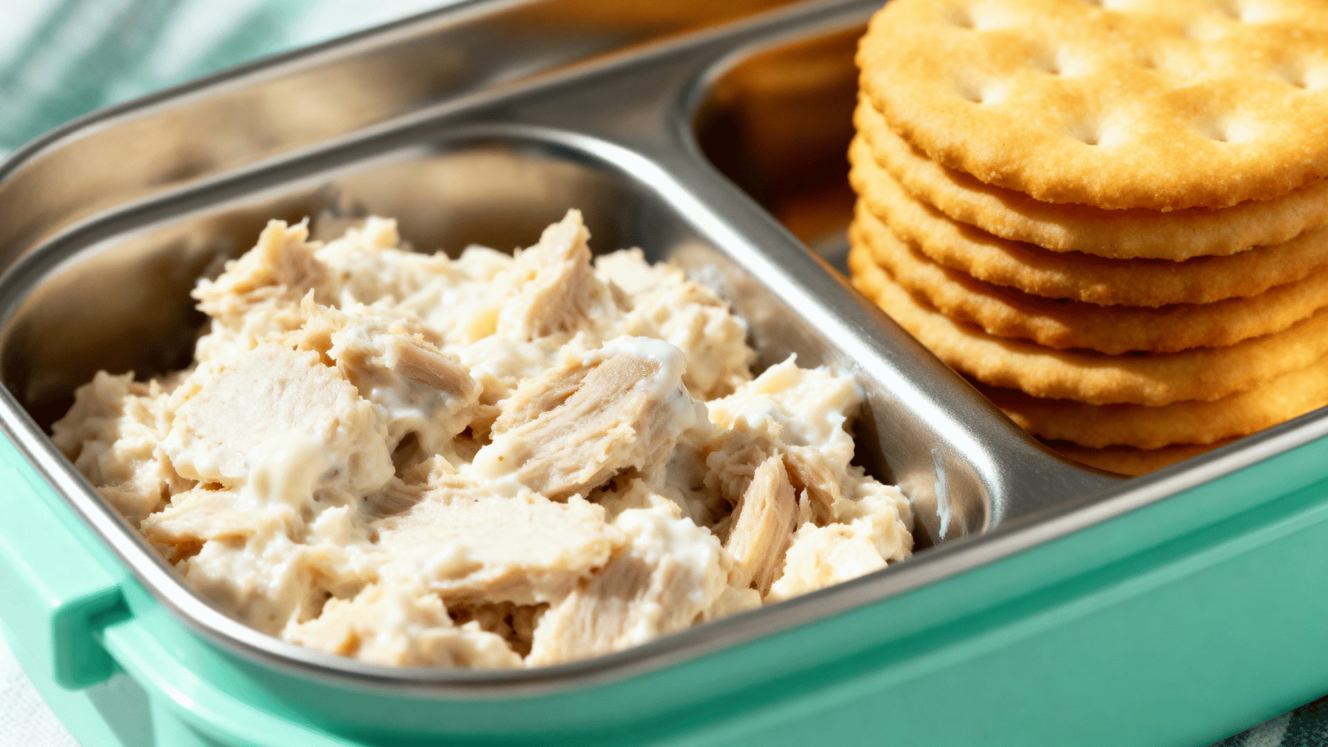 tuna salad and crackers in a soft seafoam-green stainless steel lunchbox