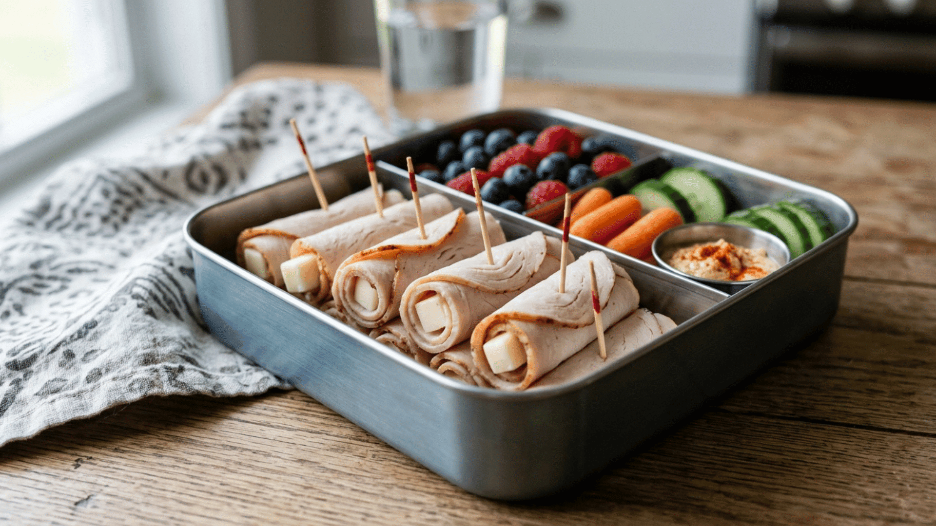 turkey and cheese roll-ups in a gray-blue stainless steel lunchbox