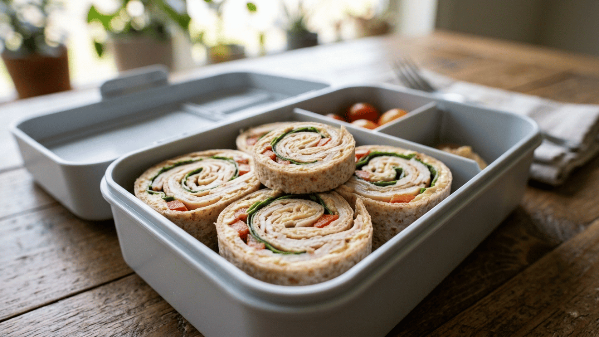 turkey and hummus pinwheels packed in a light grey plastic lunchbox