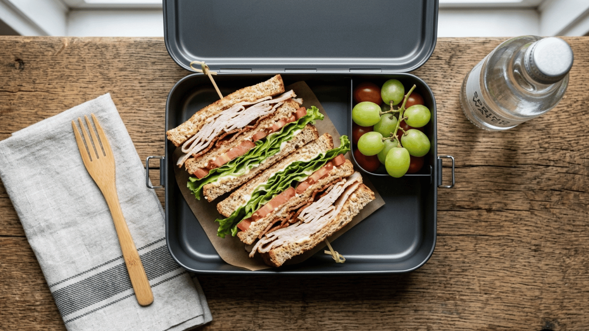 turkey club sandwich stack packed in a dark grey steel lunchbox