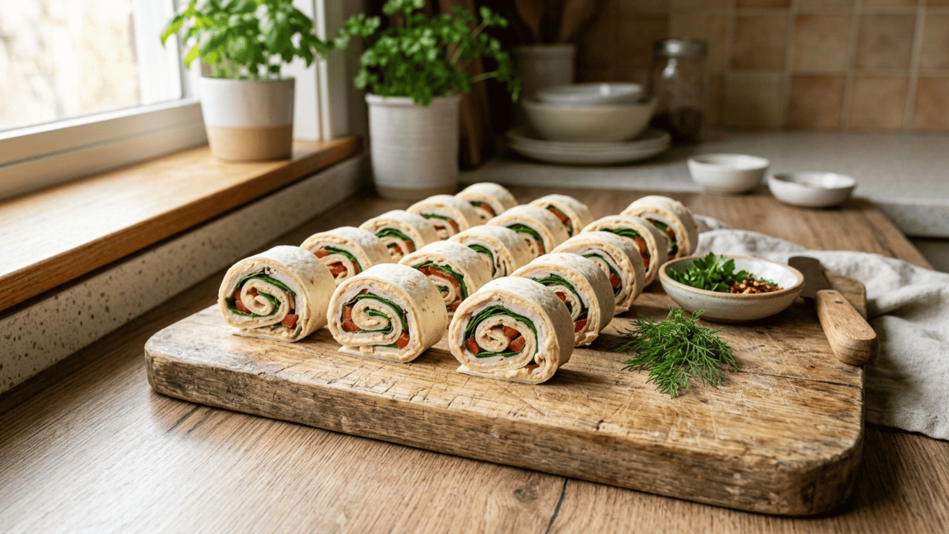 turkey and hummus roll ups sliced into pinwheels on board
