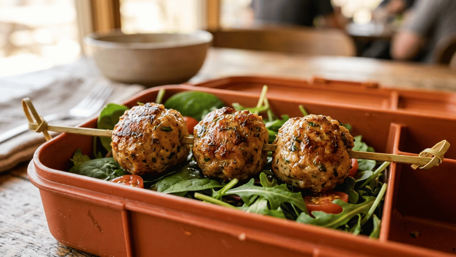 turkey meatball skewers packed in a rust-orange plastic lunchbox