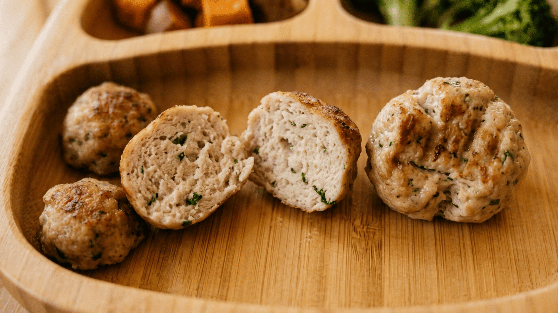 turkey meatballs cut in half in a divided toddler tray for baby