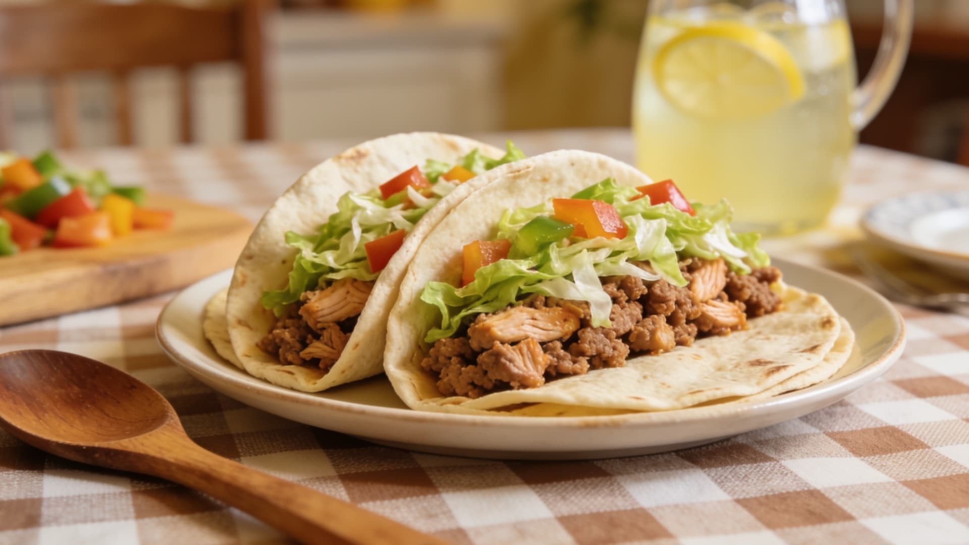 turkey sloppy joe wrap with lettuce and vegetables served in soft tortillas on a plate with a lemonade pitcher background