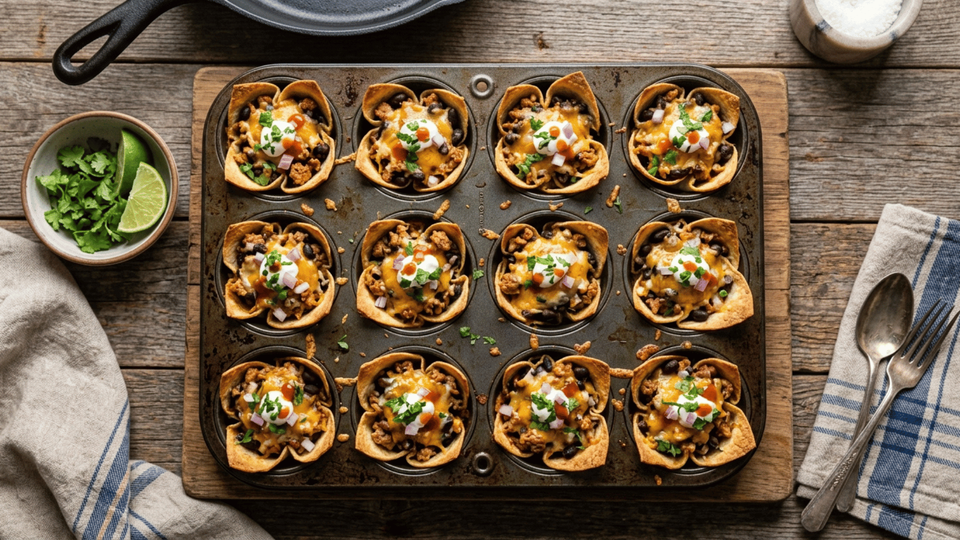mini turkey taco cups baked in a muffin tin with melted cheese
