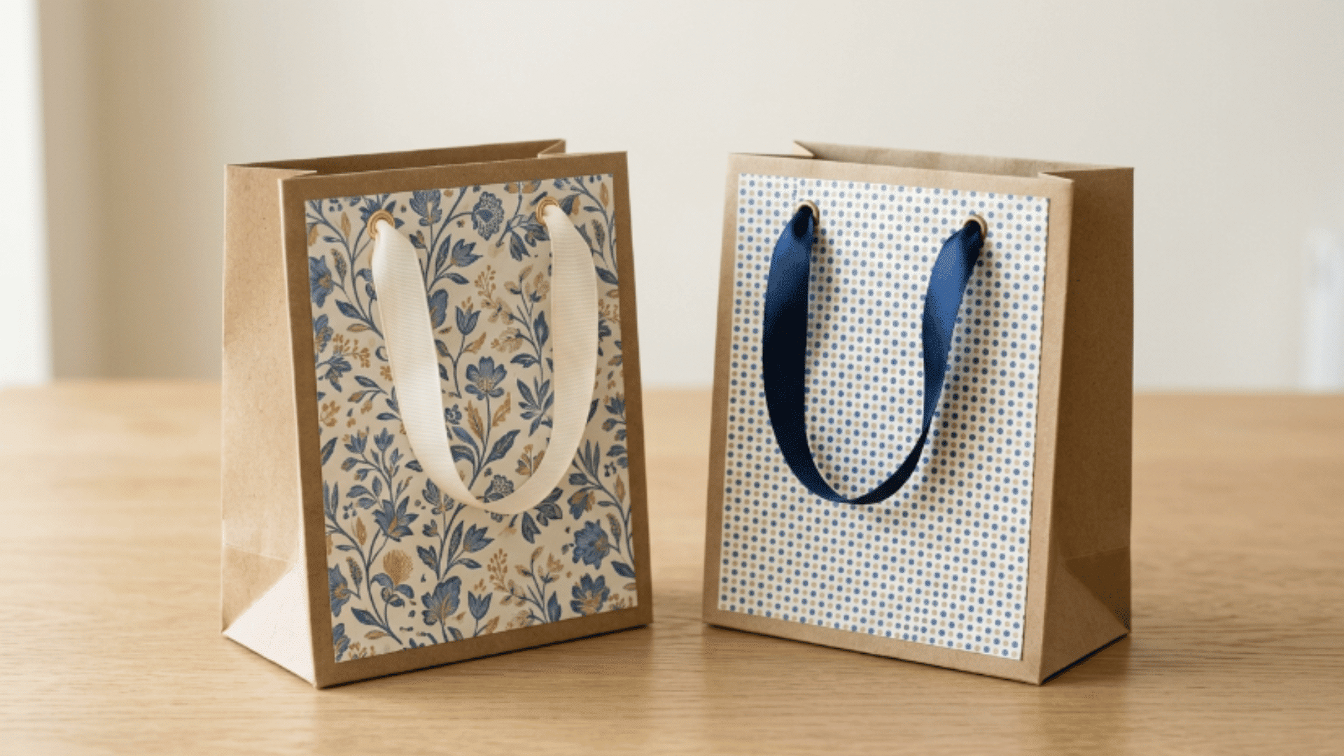 two paper gift bags with ribbon handles made from kraft and decorative paper placed on a flat surface