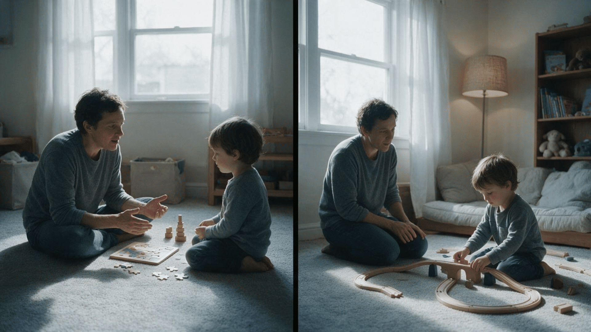 two side-by-side scenes of a father sitting on the floor interacting with his young son playing with wooden toys.