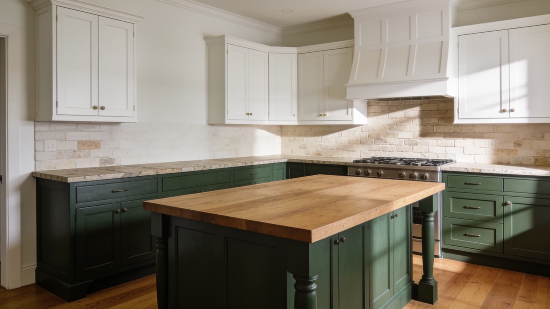 two tone farmhouse kitchen with white upper cabinets sage bases oak island and simple stone surfaces