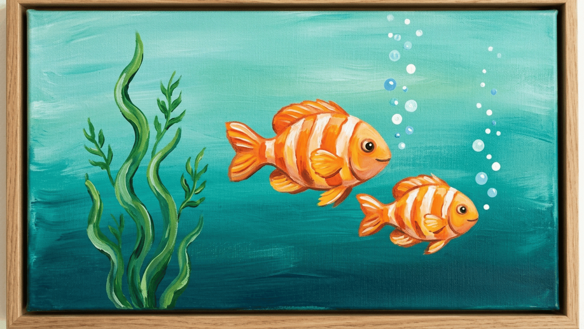 orange striped fish swimming near a wavy seaweed shape
