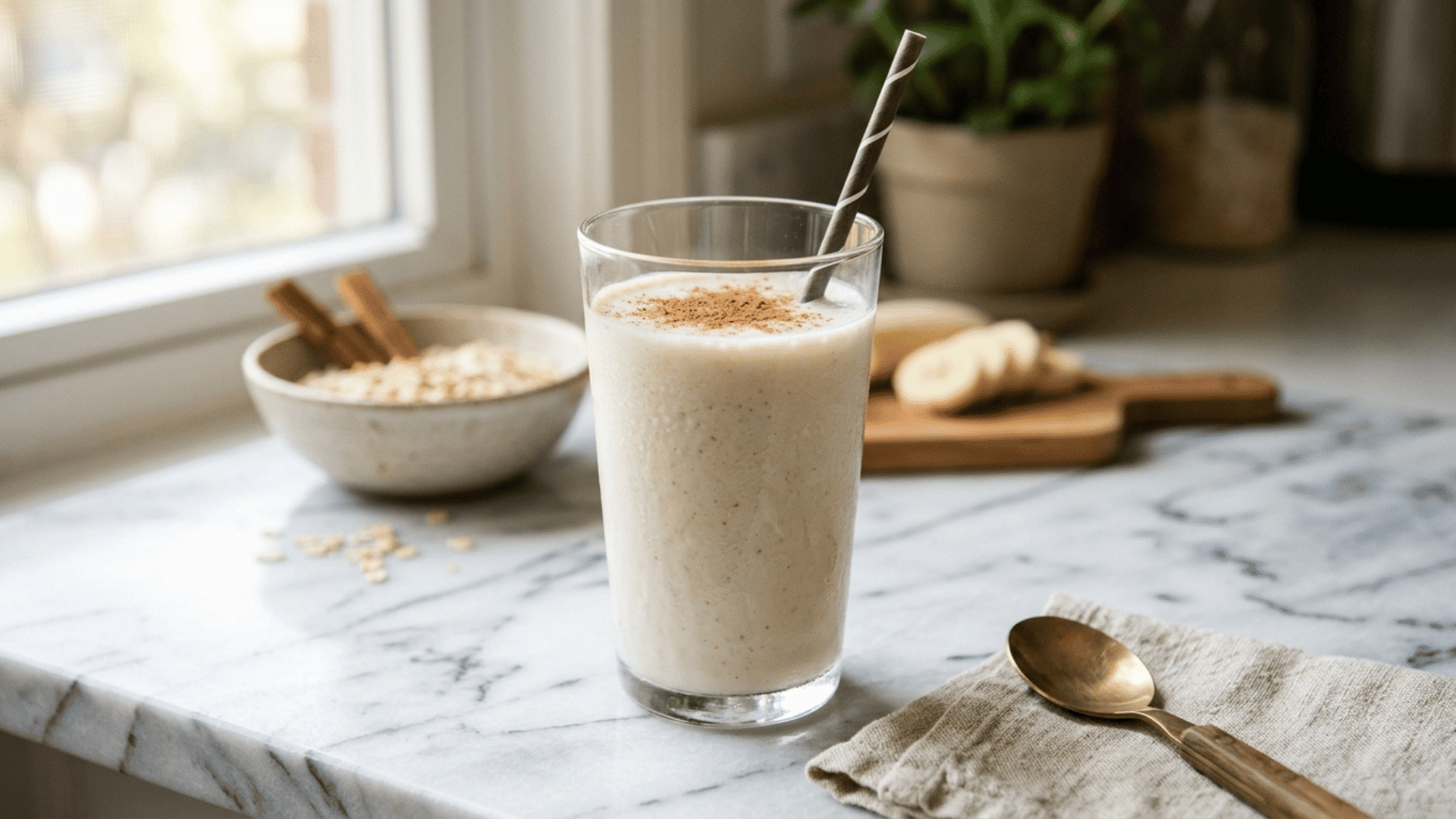 vanilla almond milk smoothie in a glass with cinnamon dusting
