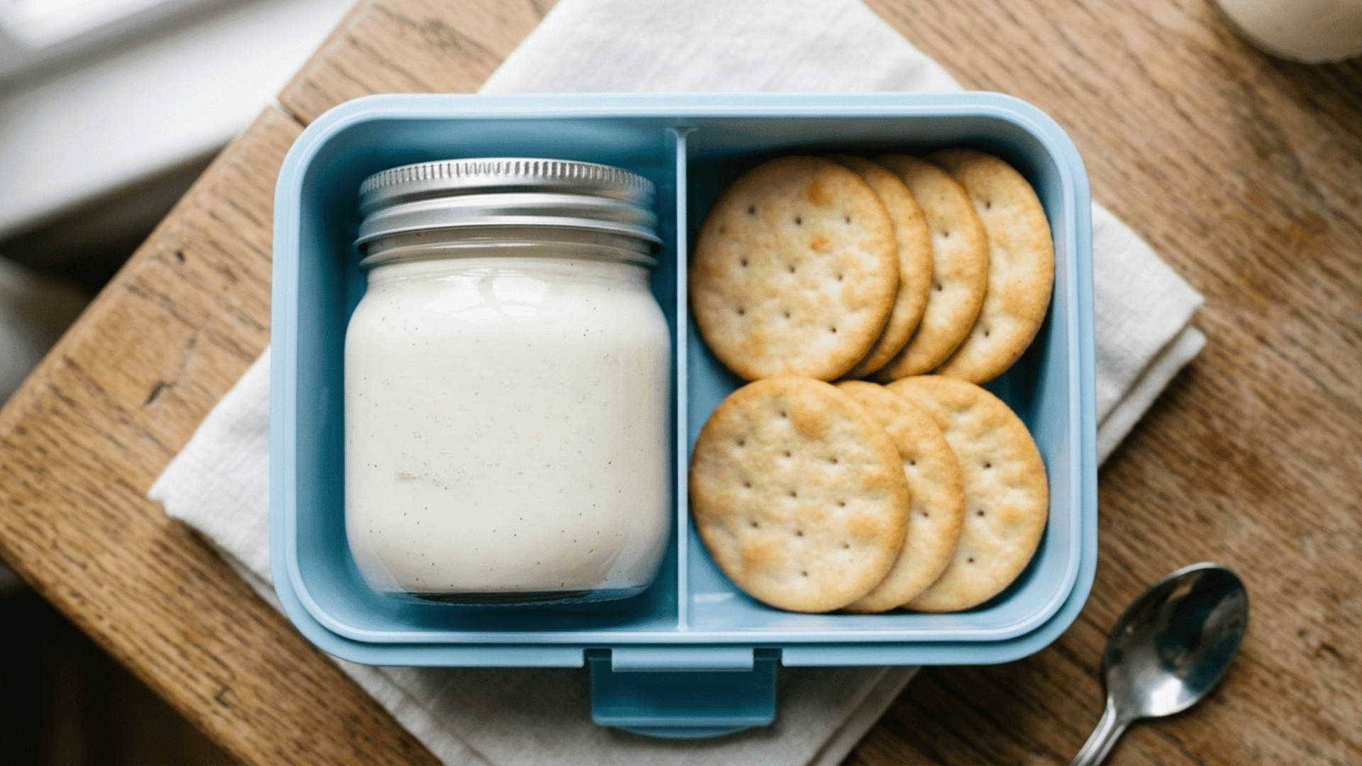 vanilla yogurt jar with plain crackers packed in a light blue lunchbox