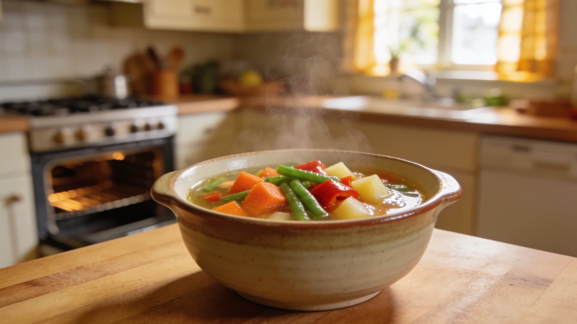 vegetable soup with carrots potatoes and green beans served hot in a bowl on a wooden kitchen counter with steam rising