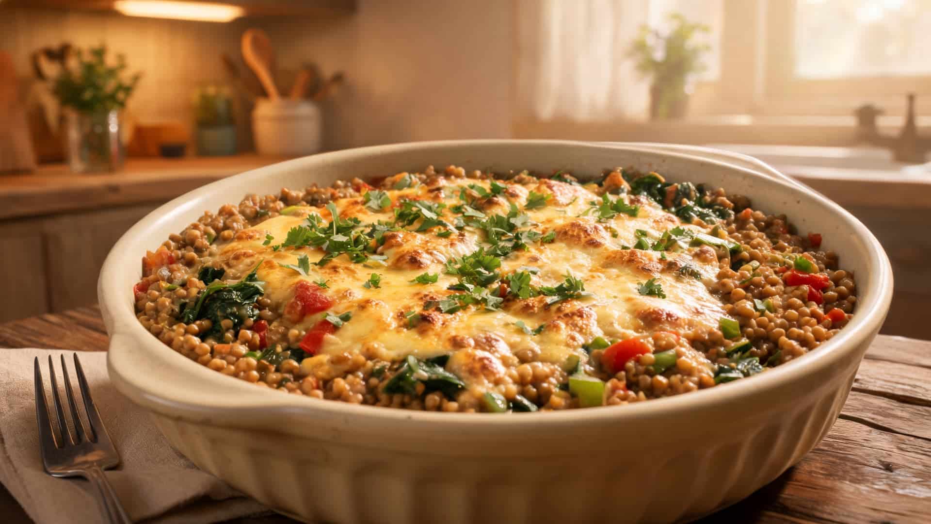 vegetarian lentil bake with melted cheese lentils vegetables and herbs served in a casserole dish on a rustic table