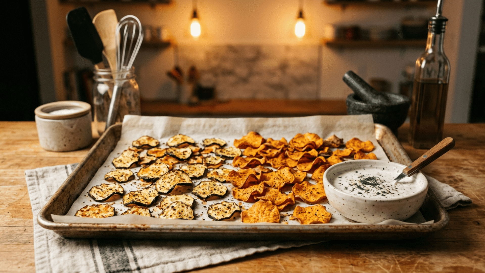 baked veggie chips with a small bowl of ranch dip