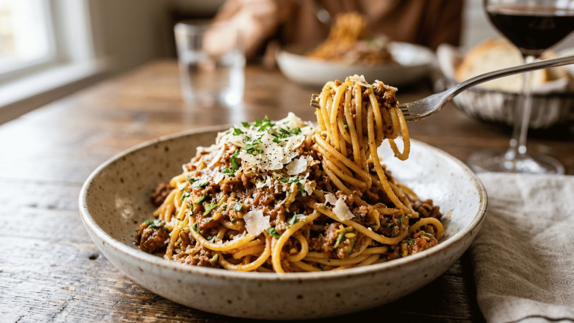 spaghetti with meat sauce and grated zucchini blended inside