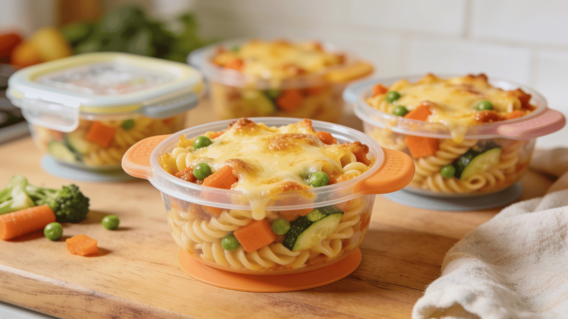 veggie pasta bake portions in toddler-safe containers, melted cheese on top, soft vegetables visible,