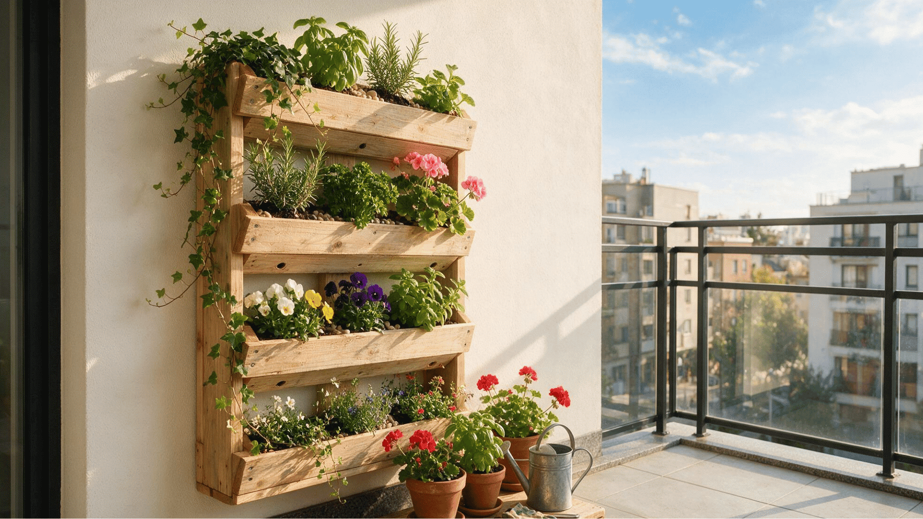 vertical wooden planter box with herbs and trailing plants on balcony