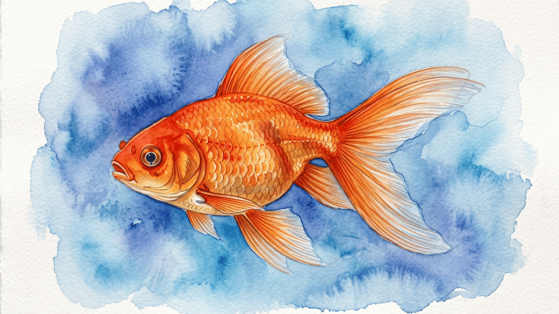 golden goldfish painting with flowing fins swimming through calm blue water using simple curved shapes