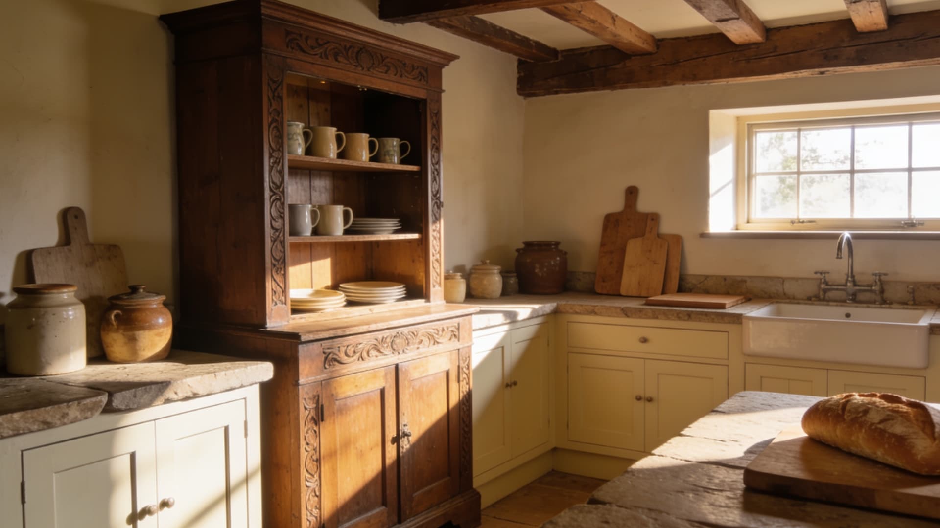 vintage wood cupboard beside painted cabinets with pottery breadboards stone counters and warm daylight