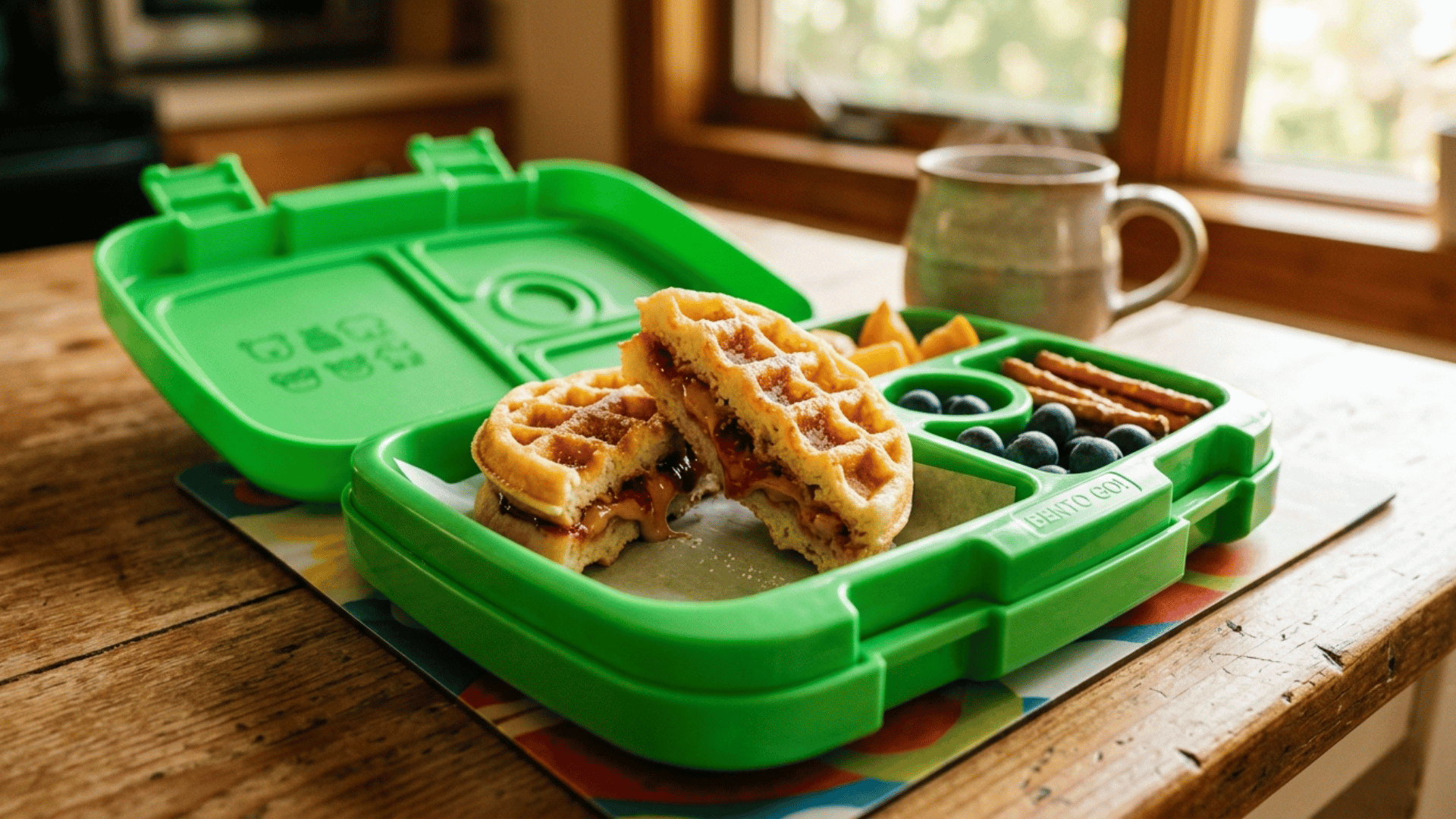 mini waffle sandwich sliced in half packed in a green kids lunchbox