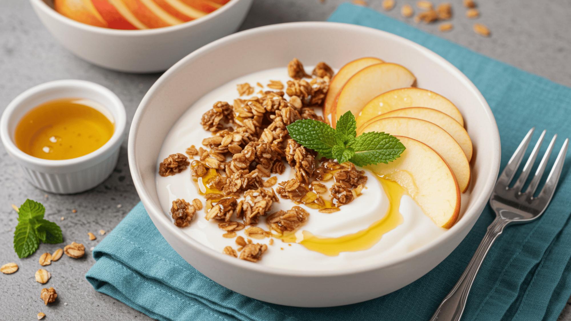 Warm apple yogurt bowl with sliced cinnamon apples, granola sprinkle, honey drizzle, fresh mint garnish (1)