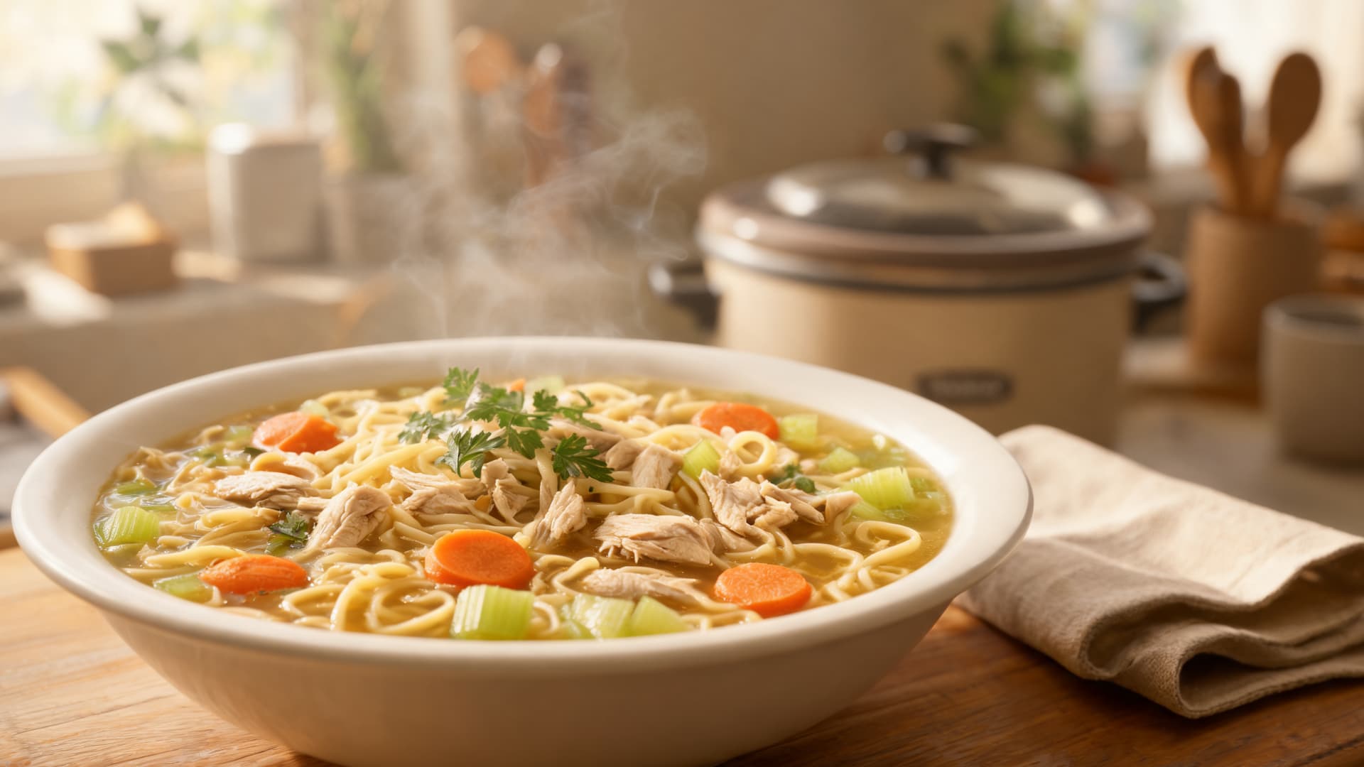 warm bowl of chicken noodle soup with vegetables and noodles on a wooden table