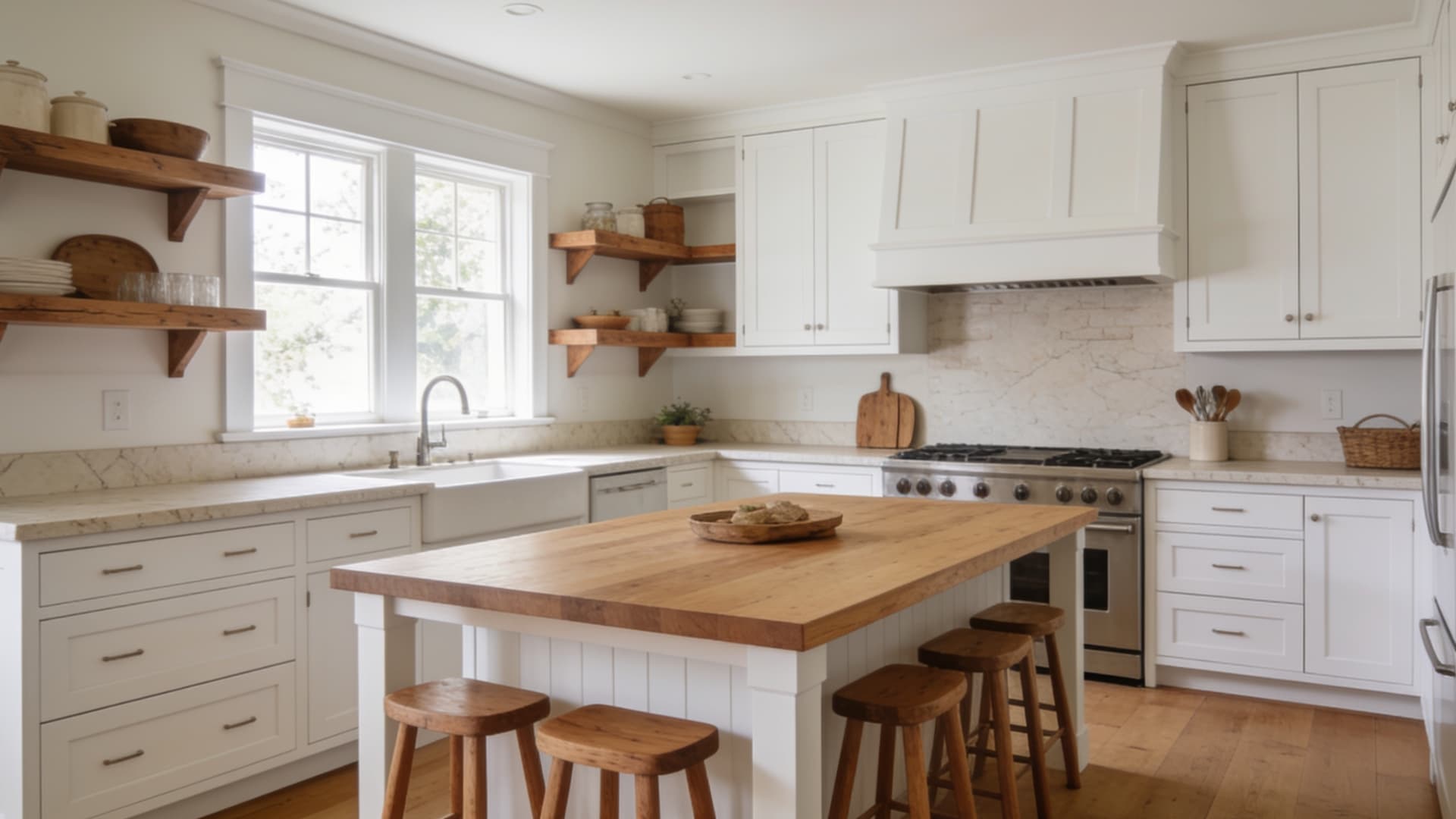 warm white shaker cabinets paired with a natural oak island, wood stools, open shelves, and pale stone counters