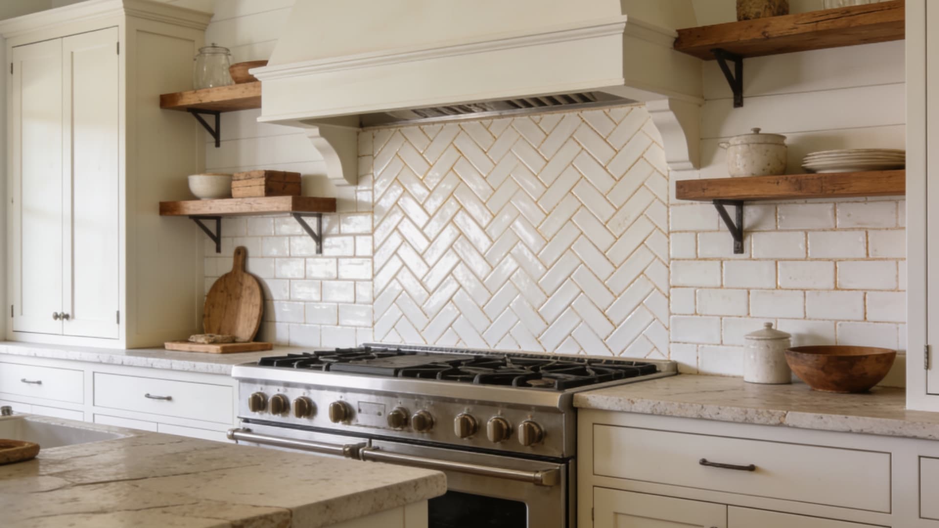 warm white subway tile in a herringbone layout with cream cabinets wood shelves and stone counters
