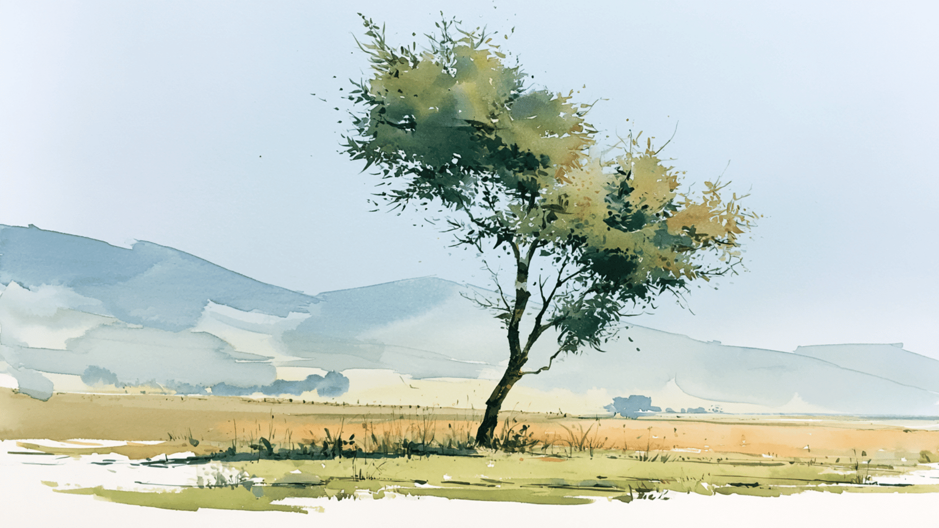 water color painting of a tree in a wide landscape with clear focus on the tree as the main subject, soft natural lighting, detailed foliage, distant hills and sky in the background