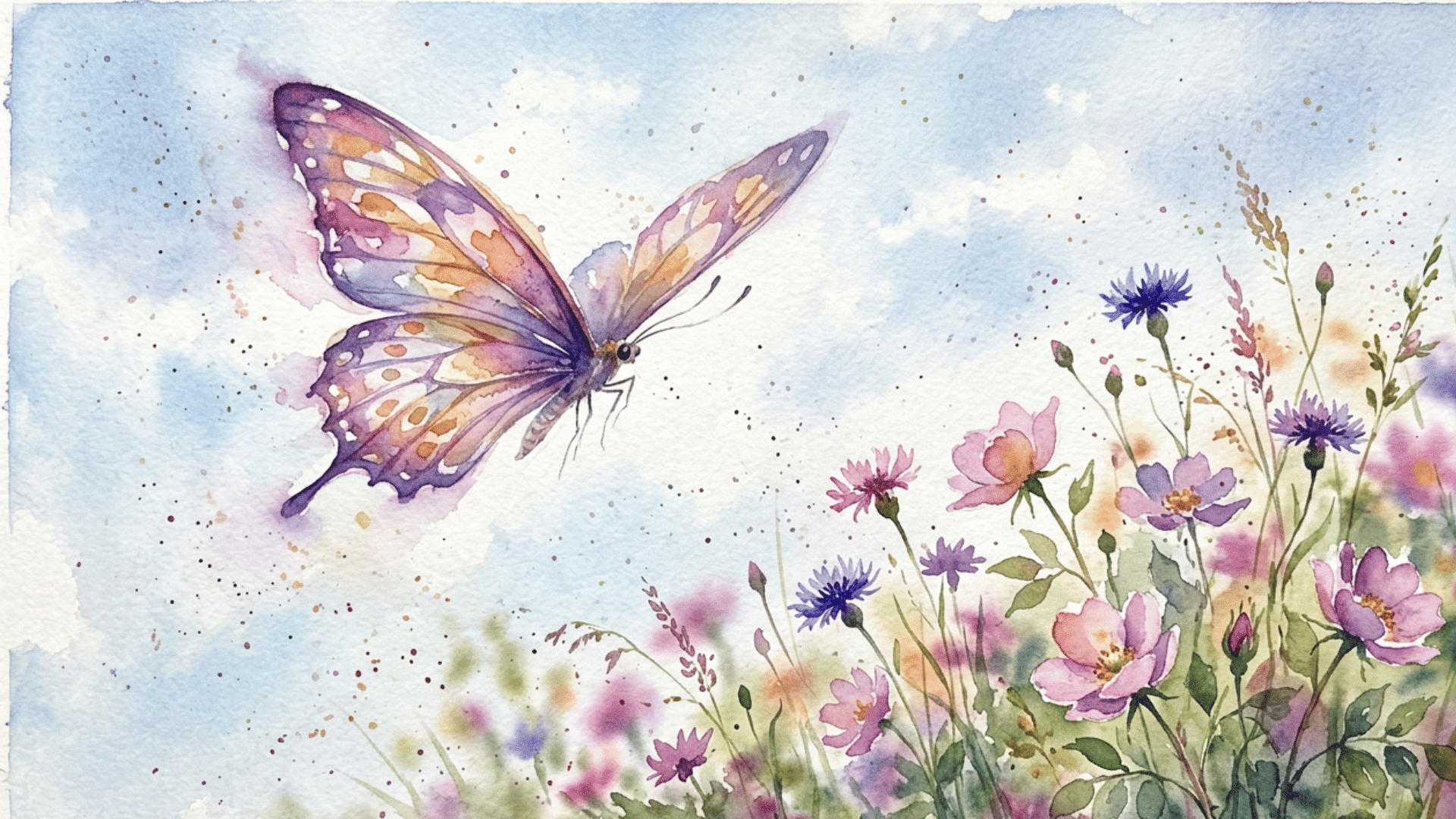 delicate butterfly painting with colorful symmetrical wings and a simple body on a clean background