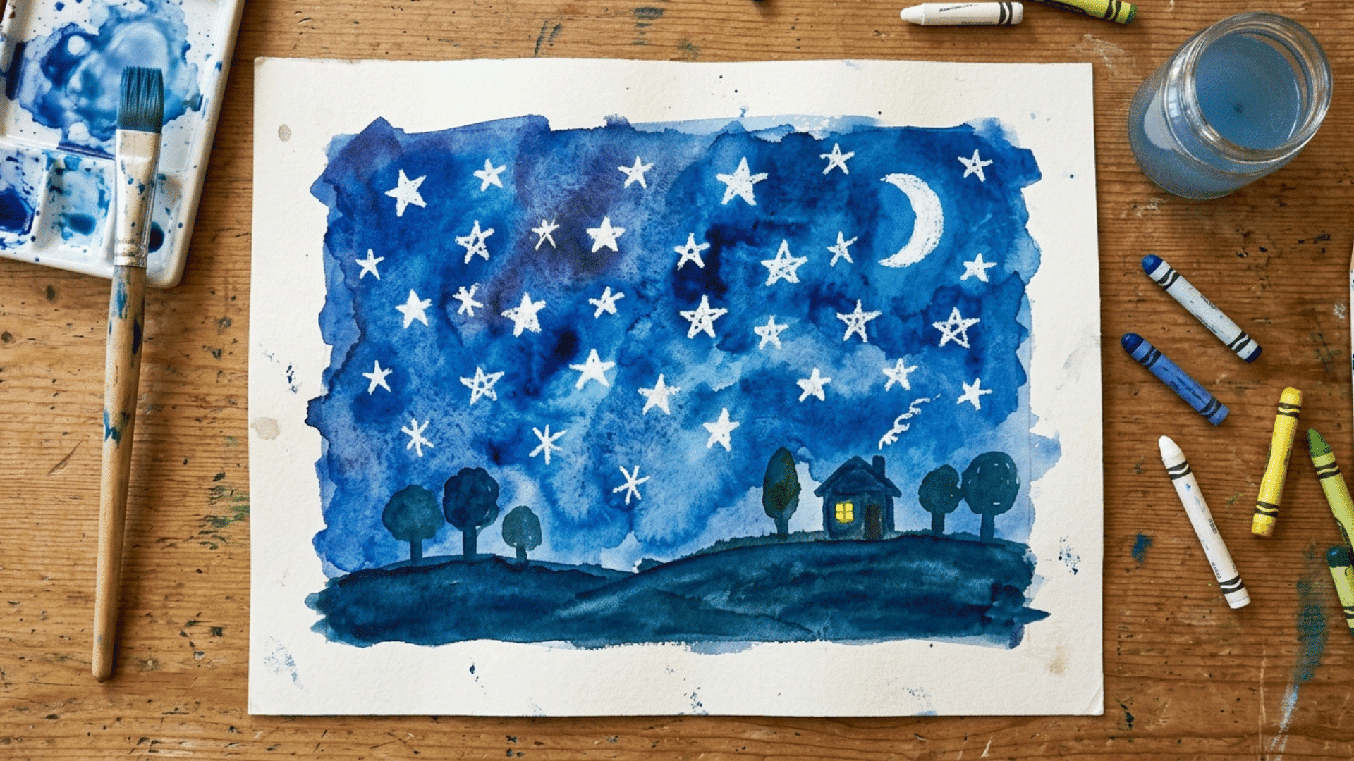 school age crayon resist painting with hidden white stars